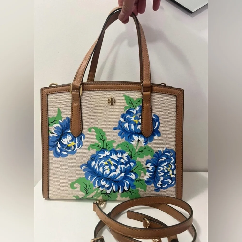 TORY BURCH Emerson Ditsy Floral Canvas Structured Work Satchel; 100% Auth GUC